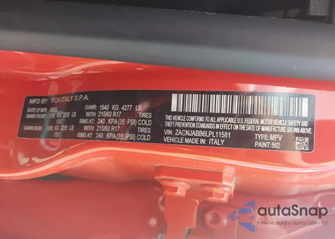 2020 Jeep Renegade Latitude Fwd z USA, uszkodzony, nr VIN ZACNJABB6LPL11581